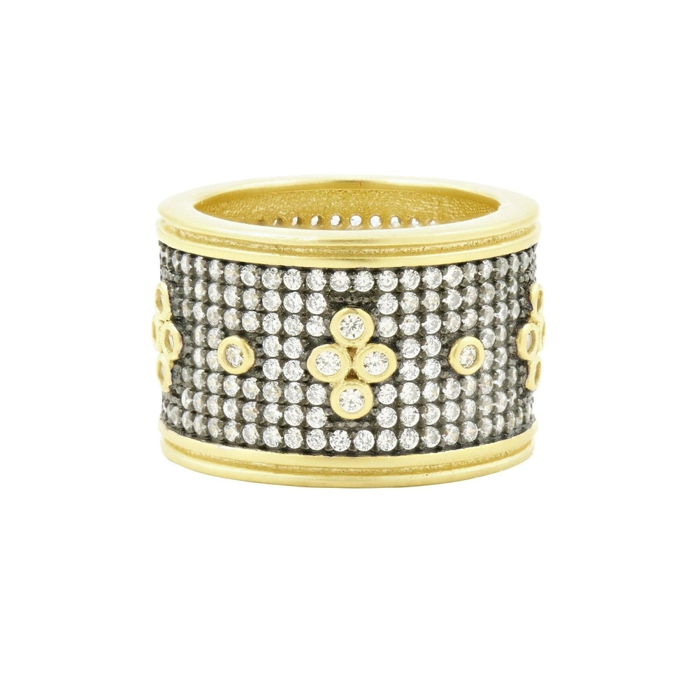 Frieda Rothman Pave Clover Wide Band Gold and Black Women's Ring